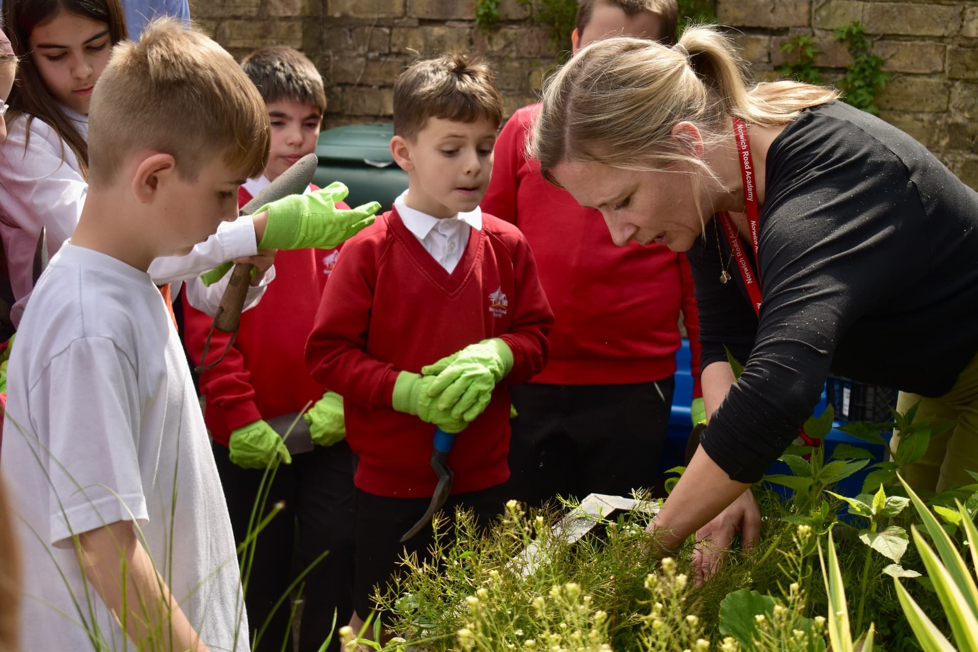 Mia Niklasson working with pupils at a planted bed in a school garden